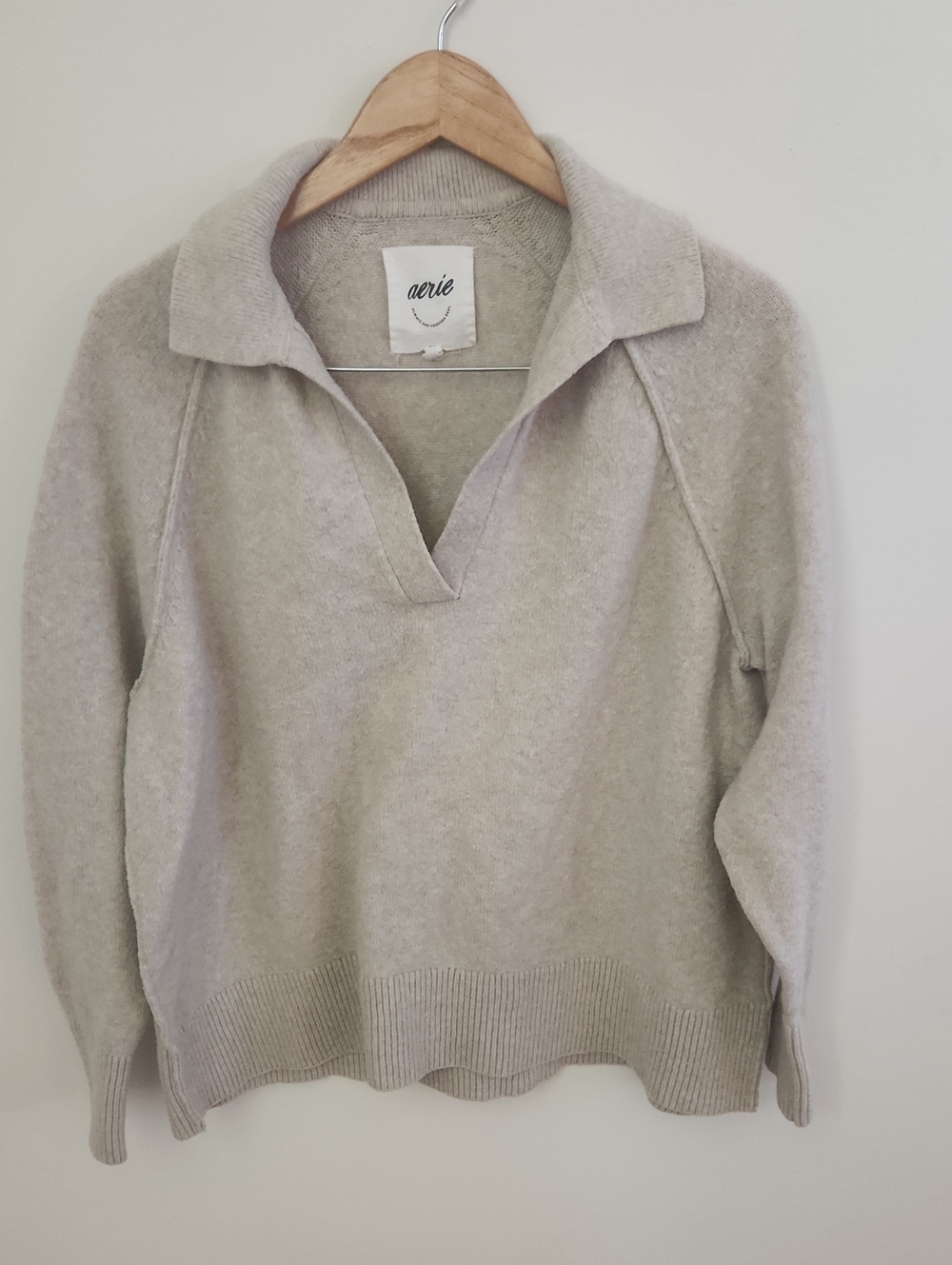 Aerie UnREAL Polo Sweater Neutral Beige Collared V-Neck Small